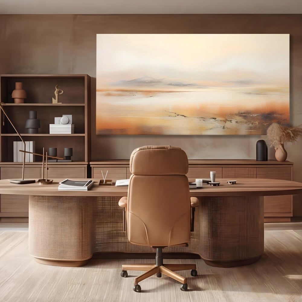 Tablou canvas cu pictura peisaj abstract cu dealuri, fara rama, pe sasiu de lemn, pe perete intr-un birou